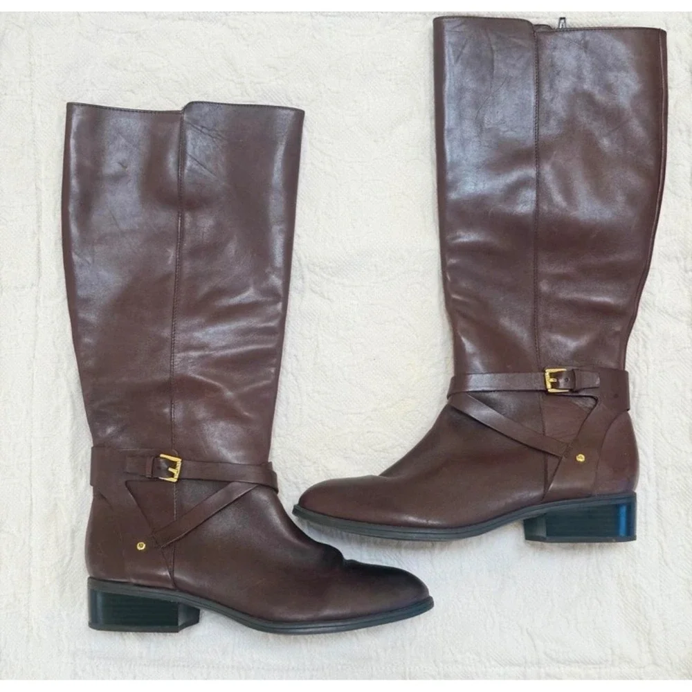 Lauren Ralph Lauren Dark Brown Leather Knee-High Harness Riding Boots Size 7.5